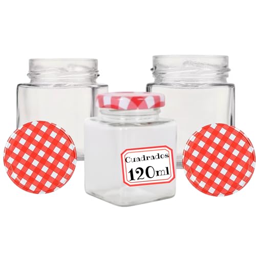 Awiku 24 Tarros de Cristal Cuadrados con Tapas Metálicas Herméticas de 120ml - Incluye Etiquetas - Tarritos Ideales para Mermeladas, Miel, Especias, Cremas - Frascos Cuadrados Resistentes (24)