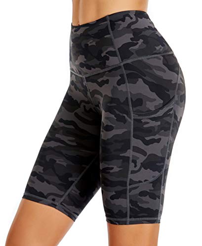 Oalka Women's Short Yoga Side Pockets High Waist Workout Running Shorts Multi Camo Grey Large #TOP2