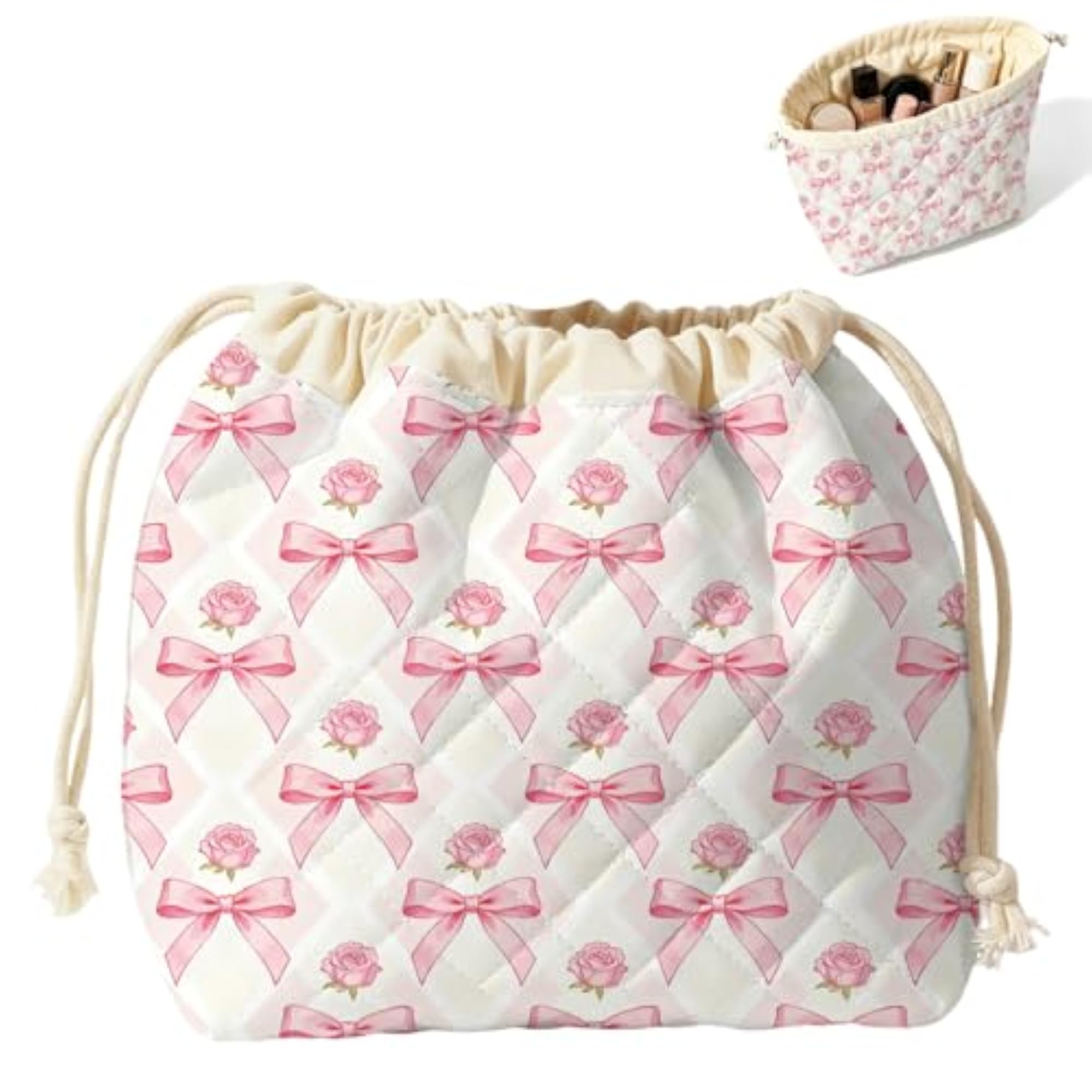 Quilted Drawstring Makeup Bag, Bow and Rose Design