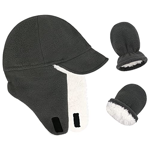 Olreco Baby Boy Winter Hat and Mitten Set, 6-12 Months, Grey, Solid, Plaid, Trapper Beanie, Unisex, Baby Boys, Winter, Lightweight, Ear Warmer, Sun...