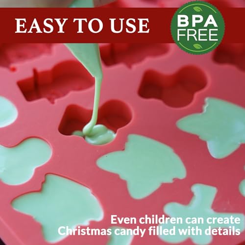 Image of HKNMTT Mini Christmas Candy Molds, Silicone 72 Cavity Chocolate Mold, Tree Santa Snowman Stocking Bell Gingerbread Shape Gummy Making Set, Food Grade for Gifts Cookies Dog Treats