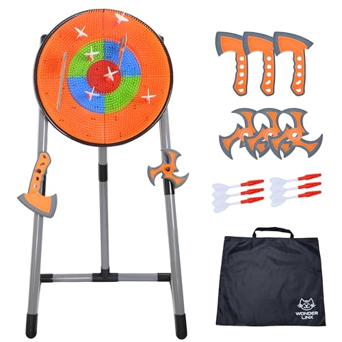 3 in 1 Throwing Game Toy Set - Dart & Axe Throwing Game with Bristle Target Dartboard - 3 Throwing Axes, 3 Stars, 6 Darts Included - with Travel Bag & Lightweight Stand - Indoor & Outdoor Game