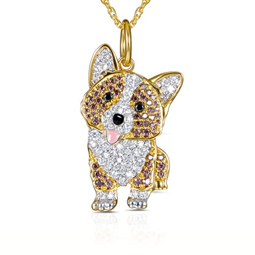 Scamper & Co Corgi Pendant Necklace For Women And Girls - Genuine Gemstone And Cubic Zirconia Puppy Charm With Elegant Bone Pattern Backplate On Real, Premium Plated Sterling Silver Chain With Easy Closure Lobster Claw Clasp, 18 Inch #TOP5