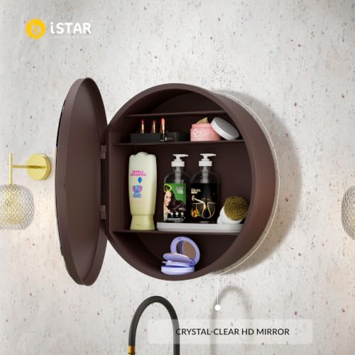 Image of iSTAR Round Wall Mirror with Storage Shelf | Bathroom Vanity Cabinet with Hidden Storage Cabinet | Wall Mounted, Bathroom, Bedroom, Living Room