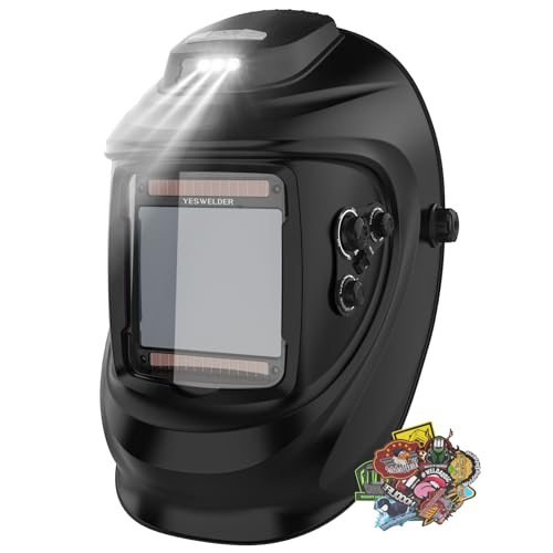 YESWELDER Auto Darkening Welding Helmet with Rechargeable Fan and Light, 3.93'X3.66'Large View 1/1/1/1 True Color 4 Arc Sensor Solar Powered Welding Hood, 3/5-9/9-13 Wide Shade Weld Mask LYG-30800H-W