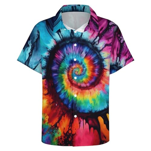 TiwBski Hawaiian Tie Dye Style Shirts for Men Rainbow Print Button Down Shirt Short Sleeve