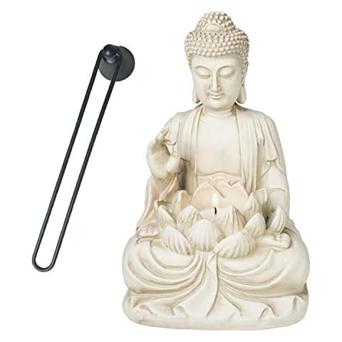 Bella Haus Design Buddha Tealight Candle Holder Statue – 8.5” Tall Polyresin - Zen Home and Garden Decor - Includes 3pcs Tea Lights and Free Candle Snuffer for Office, Indoor, Outdoor Decoration Cover