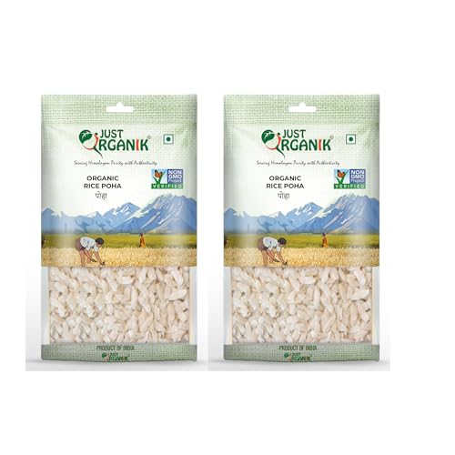 Image of Just Organik - Organic Rice Poha 1 Kg,(2 x500 g),certified organic| chiwda | Indori poha | healthy breakfast |flattened rice | Atukula | rice flakes | Pack of 2