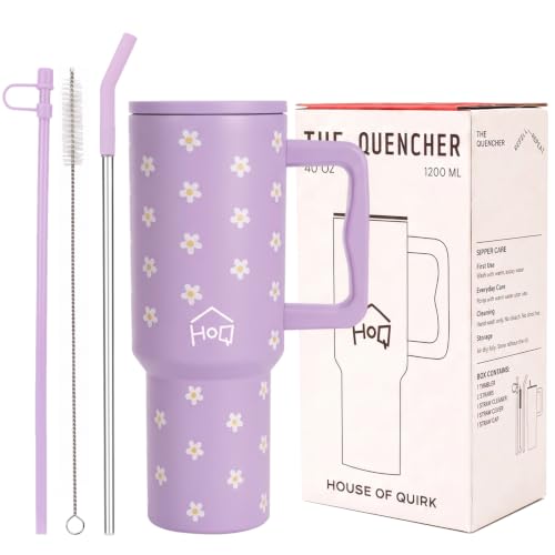 Image of House of Quirk 1200ML Stainless Steel Tumbler with Handle & Lid, 2 Straws - Large Travel Mug Water Cup for Gym, Office & Outdoor Use (Lavender Daisy)