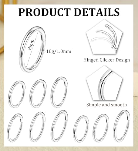 MJust 3pcs Nose Rings Hoops - G23 Pure Titanium Hinged Nose Hoops 16G/18G/20G CZ Clicker Septum Nose Ring Lip Helix Cartilage Hoop Earring Daith Rook Conch Body Piercing Jewelry for Women Men 6MM 8MM 10MM2