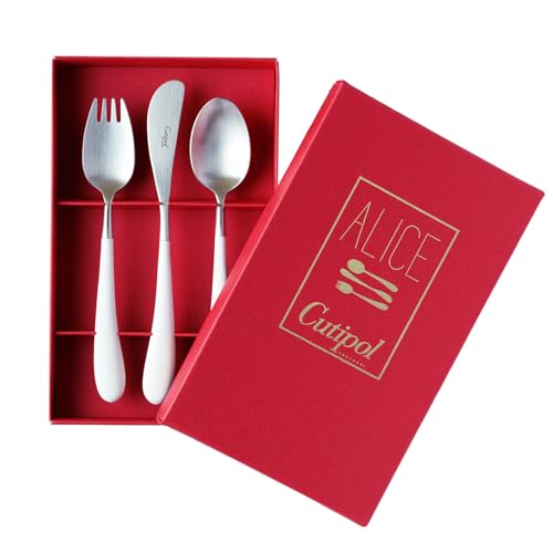 【赤箱付 オリジナルゴールドリボン掛け】Cutipol アリス ギフトセット ホワイト×シルバー 子供用カトラリーセット 【正規品】(クチポール 子供用 カトラリー ディナー スプーン ナイフ フォーク かわいいクチポール alice set ギフト 出産祝い)