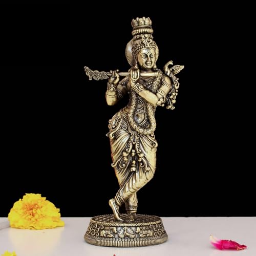 Image of INDICAST Brass 5.5 inch Lord Krishna Statue | Handcrafted Standing Krishna Murti Hindu God Idol Figurine Perfect for Decoration Puja & Gifting Purpose Sculpture (Weight- 150gm)