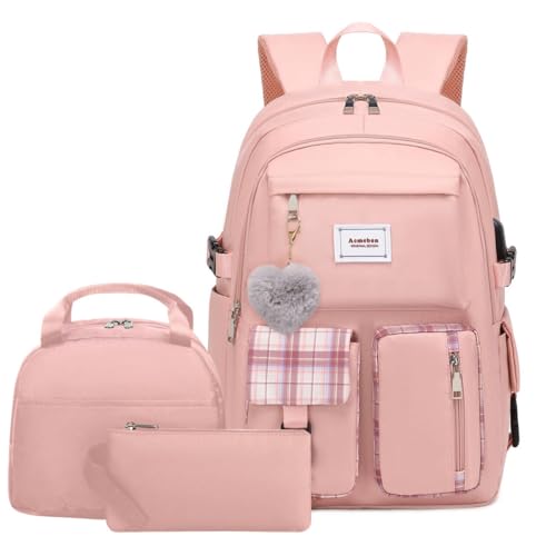 Acmebon Girl Roomy Fashion Laptop Backpack Set Casual Daypack Set for Women Pink