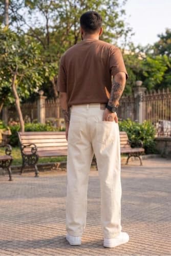 ROCKSTAR FASHION Men's Cream Wide Leg Baggy Jeans - Image 4