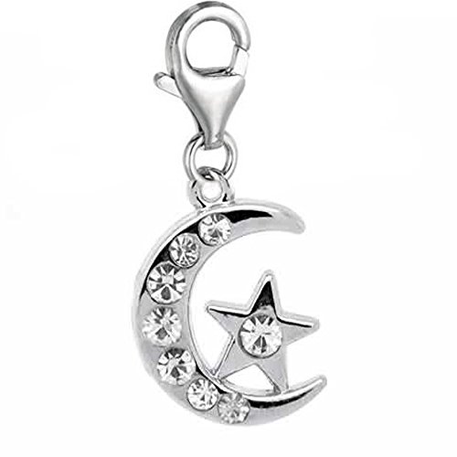 Sexy Sparkles Moon and Star Charm – Clip-On Pendant with Lobster Clasp for European Charm Bracelets and Jewelry, Zinc Alloy