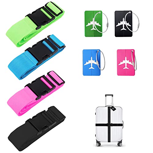 Bagageband, halksäkert bagageband, 4 stycken justerbar bagagerem med 4 färger bagagelapp