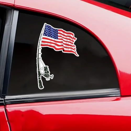 Image of Fishing American Flag Sticker Bumper - Funny Car Auto Laptop Weatherproof Vinyl Decal, Patriotic Fishing Bumper Sticker