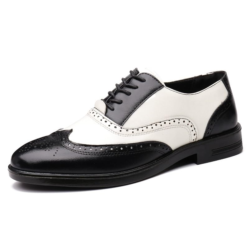 Comfortable Dress Shoes for Men Retro Lace Up Brogue Embossed Wing tip Two Tone Leather Oxford Shoes Rubber Sole Block Heel Anti-Slip Low Top Prom