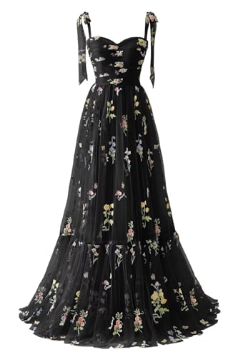 Cudiew Flower Embroidery Tulle Prom Dress for Women Formal Floral Ruched Party Gowns Floor Length