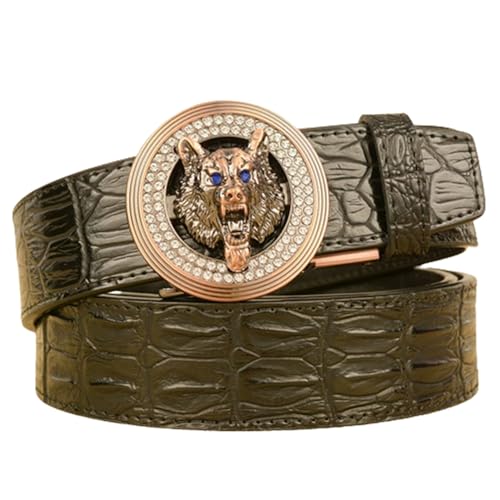 Men's Western Crocodile Embossed Ratchet Belt - Holeless Automatic Buckle With 3D Gold Wolf Head - Main Image