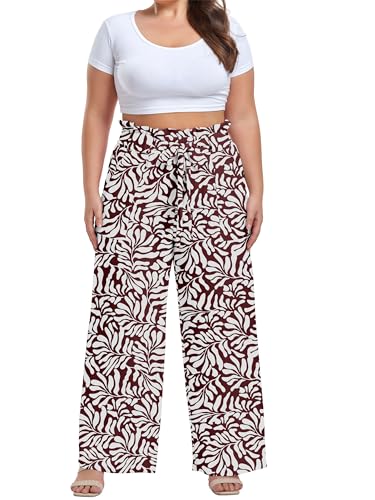 Image of OLRIK Women's Plus Size Pants Adjustable High Waisted Wide Leg Palazzo Pants Casual Trousers with Pockets Spring Clothes