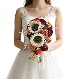 EUBUY Wedding Bouquets for Bride Bridesmaid, 10 Inch Red Artificial Sunflower Flowers Fall Rustic Waterfall Cascading Bridal Bouquets for Wedding Thanksgiving Home Garden DIY Decor