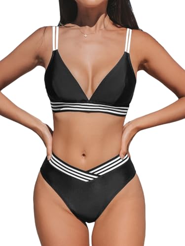 CUPSHE Damen Bikini Set V Ausschnitt Streifen Low Waist V förmig Wickeloptik Zweiteiliger Badeanzug Bademode für Sommer ...