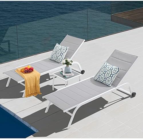 Patiorama Outdoor Patio Chaise Lounge Chair Set of 3, White Aluminum Textilene Padded Adjustable Recliner w/Wheels, Side Table, Pool Lounger All Weather for Yard, Beach, Balcony (Light Grey)