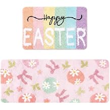 Drydiet 2 Pcs Happy Easter Bathroom Rugs Set Spring Soft Thick Plush Easter Eggs Bath Mat Non-Slip Washable Absorbent Pink Bow Bath Mat for Spring Indoor Bathroom Kitchen Decorations 20 x 47 Inch