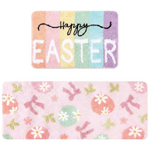 Drydiet 2 Pcs Happy Easter Bathroom Rugs Set Spring Soft Thick Plush Easter Eggs Bath Mat Non-Slip Washable Absorbent Pink Bow Bath Mat for Spring Indoor Bathroom Kitchen Decorations 20 x 47 Inch