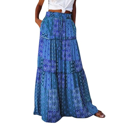 Floral Maxi Skirt with Pockets for Women 2025 Boho Flowy Drawstring Long Skirt Casual Tiered High Waisted Skirts