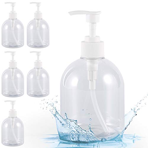 6pack Kaqulec 500ml Empty Pump Bottle, Soap Dispenser 16oz Clear Plastic Pump Bottle Refillable for Creams, Body Wash, Hand Soap, Self-Tanners, Bronzers and Massage Lotion Shampoo Body Wash