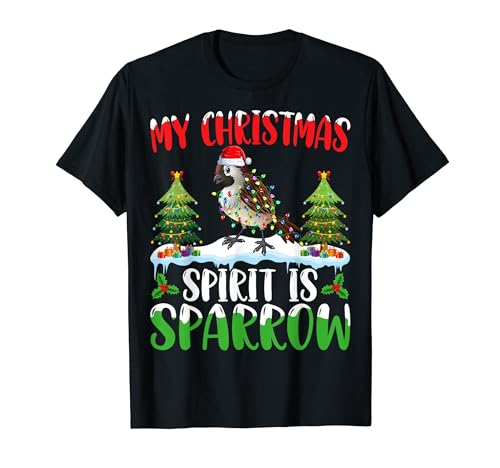 Sparrow Santa Hat Xmas Lights Christmas Spirit Sparrow Camiseta