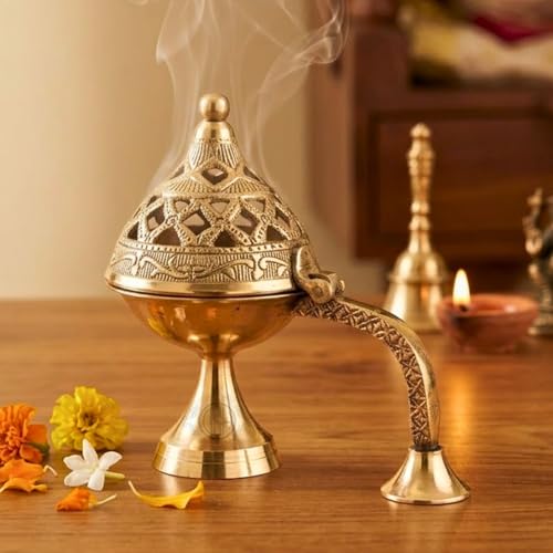 Image of DSH Brass Dhuna Burner for Loban Traditional Dhoop Dani Sambrani Incense Dhuni Holder for Pooja, Spiritual Rituals & Home Purification