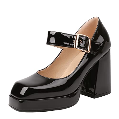 LYYSKY Womens Fashion 9.5CM Chunky Heels Square Toe Single Shoes Concise Ankle Strap Buckle Mary Jane Shoes Office Lady Platform Pumps