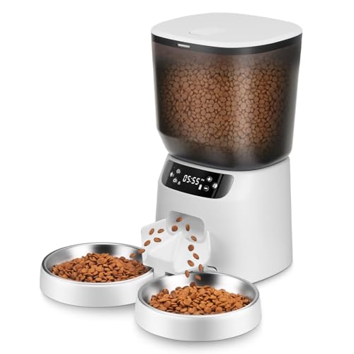 Automatic Cat Feeders for Two Cats, 5L/20 Cups Double Automatic Cat Food Dispenser with 2 Stainless Bowls, Timer Setting 20 Portions 6 Meals Per Day, 10s Meal Call, Pet Feeder for Dog (Black, 5L)