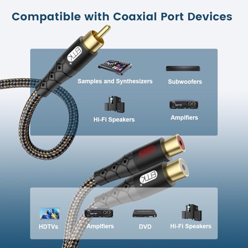 Image of EMK RCA Splitter Cable 1 Male to 2 Female Y Adapter with Copper Shell & 24K Gold-Plated Connector RCA Male to Dual RCA Female Extension Cord Black /1ft /0.3m