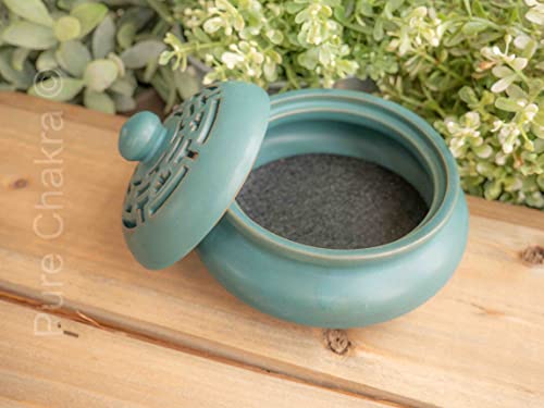4.5" Wide Round Ceramic Incense Burner Bowl | Stick Rope Dhoop Cone Ash Catcher | Traditional Chinese Design Meditation (Green) #TOP3