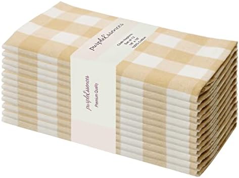 PurpleEssences Cloth Dinner Napkins Buffalo Check Gingham Plaid -18 X 18 Set of 12-100% Cotton-Soft Durable- Ideal for Events Wedding Christmas Easter - Perfect Everyday Use Table Linen- Beige White