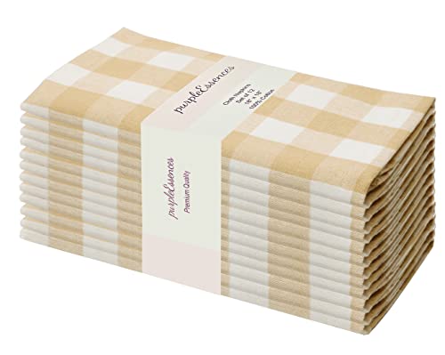 Purpleessences Cloth Dinner Napkins Buffalo Check Gingham Plaid -18 X 18 Set Of 12-100% Cotton-Soft Durable- Ideal For Events Wedding Christmas Easter - Perfect Everyday Use Table Linen- Beige White #TOP7
