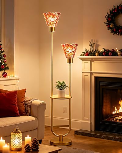 Image of Lightdot Modern Glass Floor Lamp with Shelf 2-Lights Gold Standing Tall Lamps with Pomegranate Red Shell Glass Shade, LED Floor Lamp with Foot Switch for Living Room Bedroom Home Decor