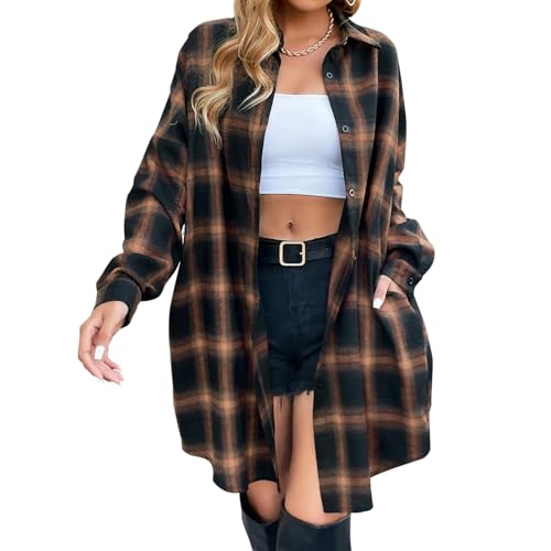 Smoneyful Womens Long Sleeve Plaid Flannel Shacket Button Down Collared Casual for Daily Wear Outdoor Activities Outings