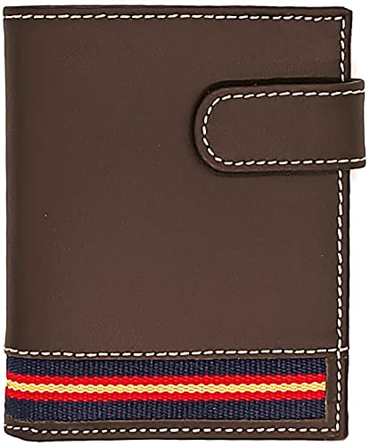 Hispapiel Cartera Hombre pequeña con Bandera de España. Billetera de Piel marrón Caballero, Tarjetero Monedero de Cuero auténtico. Made in Spain (Vertical)