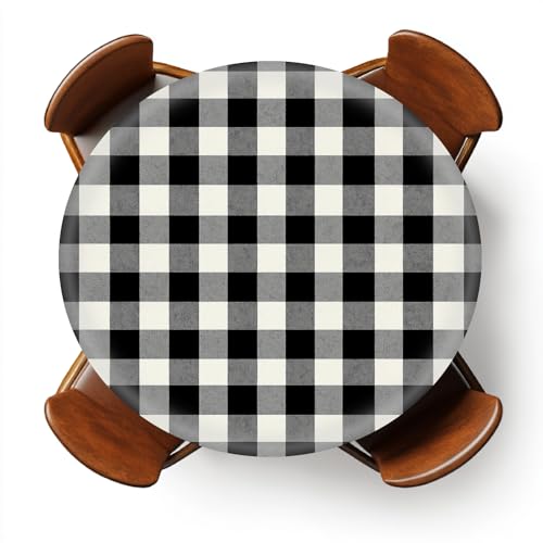 YEYE JUICE Round Fitted Tablecloth with Elastic Outdoor Tablecloth for 45" - 56" Tables Waterproof Round Table Cover for Indoor Dinner, Picnic, Camping (Black and White Checkered)