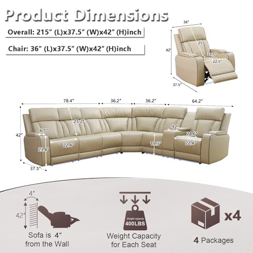 Image of Power Recliner Sectional Sofa Set with LED, Breathing Leather Reclining Sectional Corner Couch & Chair, L-Shaped Home Theater Seating with Charging /Storage for Living Room