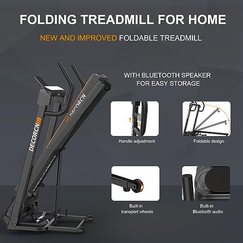 Decorcn Folding Treadmill for Home, 4.5HP, 20 Incline Levels, 1km/h-16km/h, 150KG limited, Running Machine for Heavy People with LED, Bluetooth Speakers, Silent Walking Pad for Home Office Gym - 4