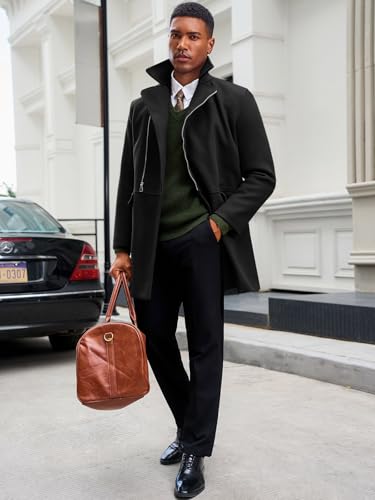 Runcati Mens Trench Coat Notch Lapel Zip Up Overcoat Casual Winter Long Business Pea Coat4