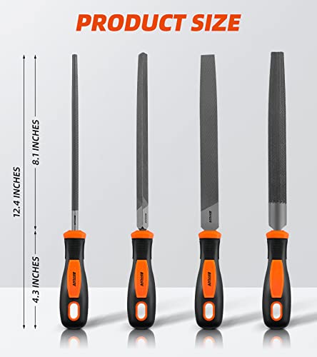 Difflife 8'' File Handles Needle File Set (Carbon Steel 4 Piece-Set), Hardened Alloy Strength Steel - Set Includes Flat,Triangular, Round, And Half-Round File (4-Piece) #TOP1
