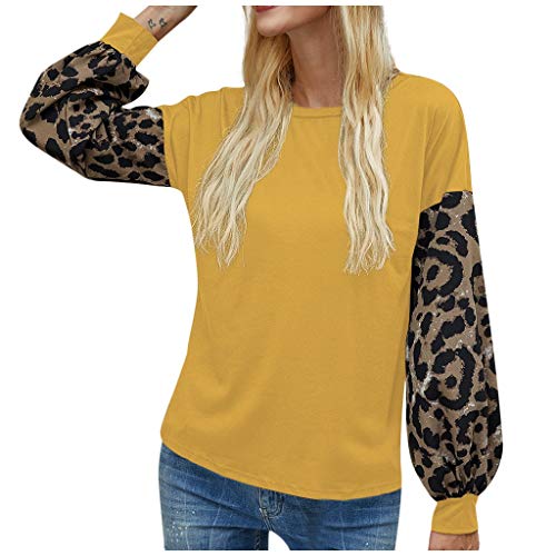 YAnGSale Top Womens Leopard Blouse Casual Loose Sweatshirt Patchwork Pullover Long Sleeve Shirt O-Neck Tee Tops (Yellow, L)