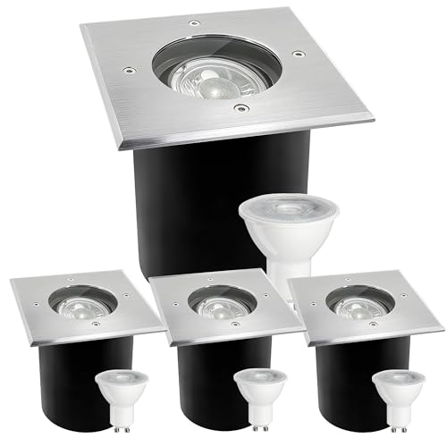 JNR 4er Set Bodenstrahler Außen Schwenkbar GU10 IP67 Wasserdicht mit LED 5W 3000K Warmweiß, Bodeneinbaustrahler Aussen 230V Bodenleuchten Außen Quadratisch, Silber